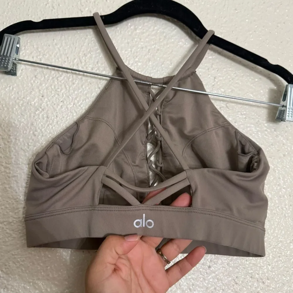 Alo Yoga Starlet Lace Up High Neck Sports Bra in Smoky Quartz tan color Size XS